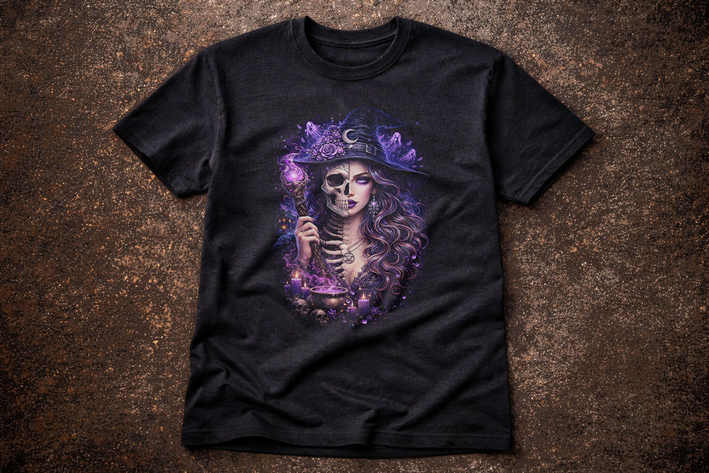 Witch Skull Skeleton Gothic Unisex Graphic T-Shirt Occult Dark Fantasy