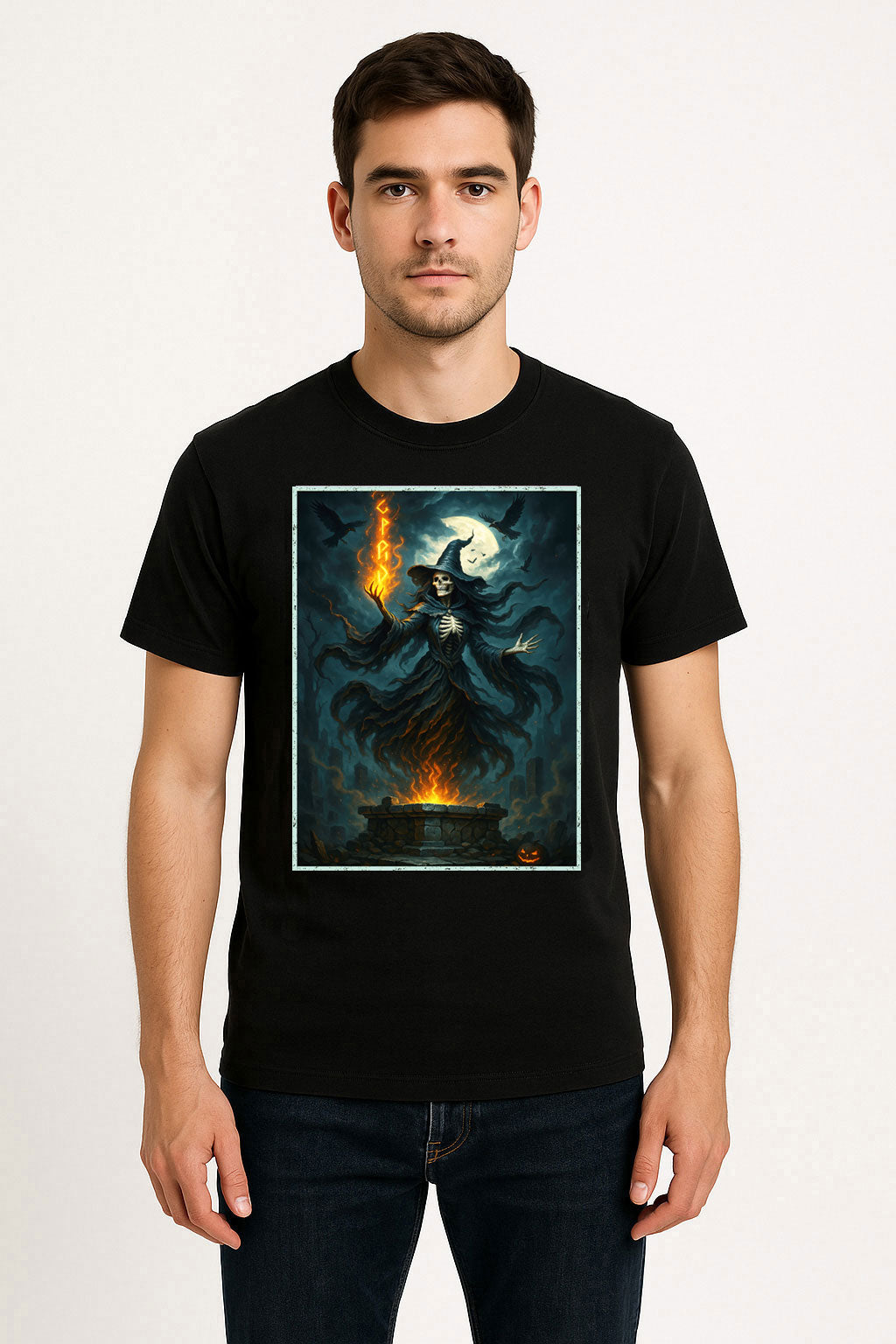 Skull Witch Fire Conjurer Gothic Horror Dark Occult Alternative Unisex T-Shirt
