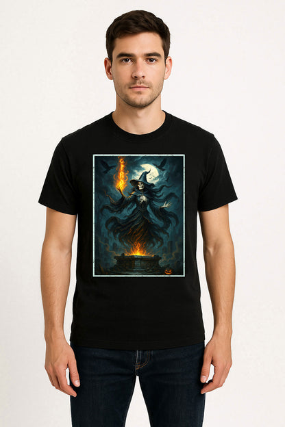 Skull Witch Fire Conjurer Gothic Horror Dark Occult Alternative Unisex T-Shirt