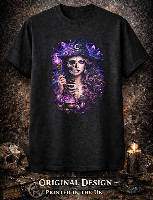 Witch Skull Skeleton Gothic Unisex Graphic T-Shirt Occult Dark Fantasy