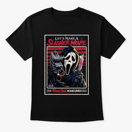 Scream Ghostface “Let’s Make a Slasher Movie” VHS Edition T-Shirt – Retro Horror Film Graphic Tee for Scream Fans