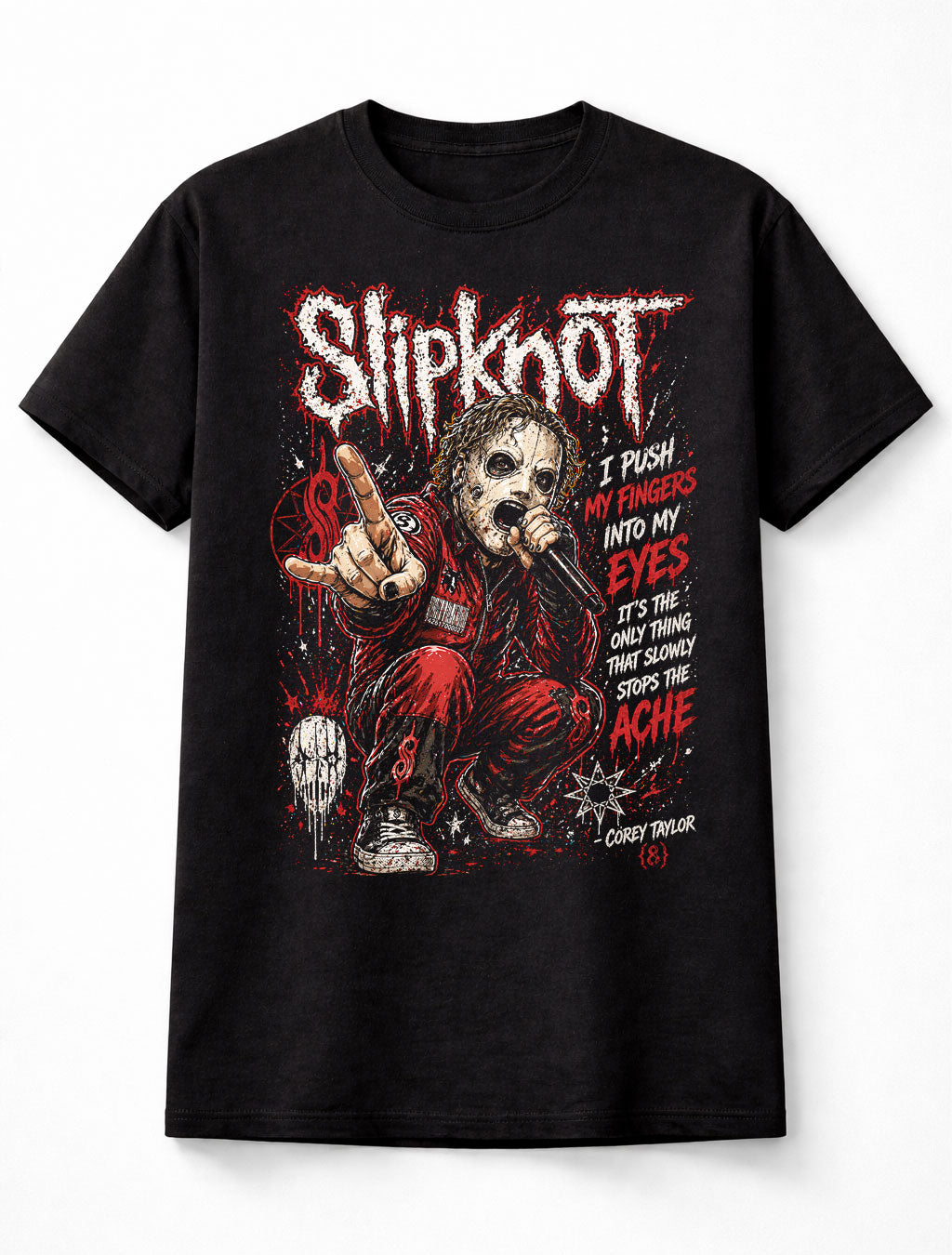 Slipknot Graphic T-Shirt Metal Band Tee Red Black Heavy Metal Shirt I Push My Fingers Into My Eyes Quote Corey Taylor Adults & Kids Unisex T-Shirt