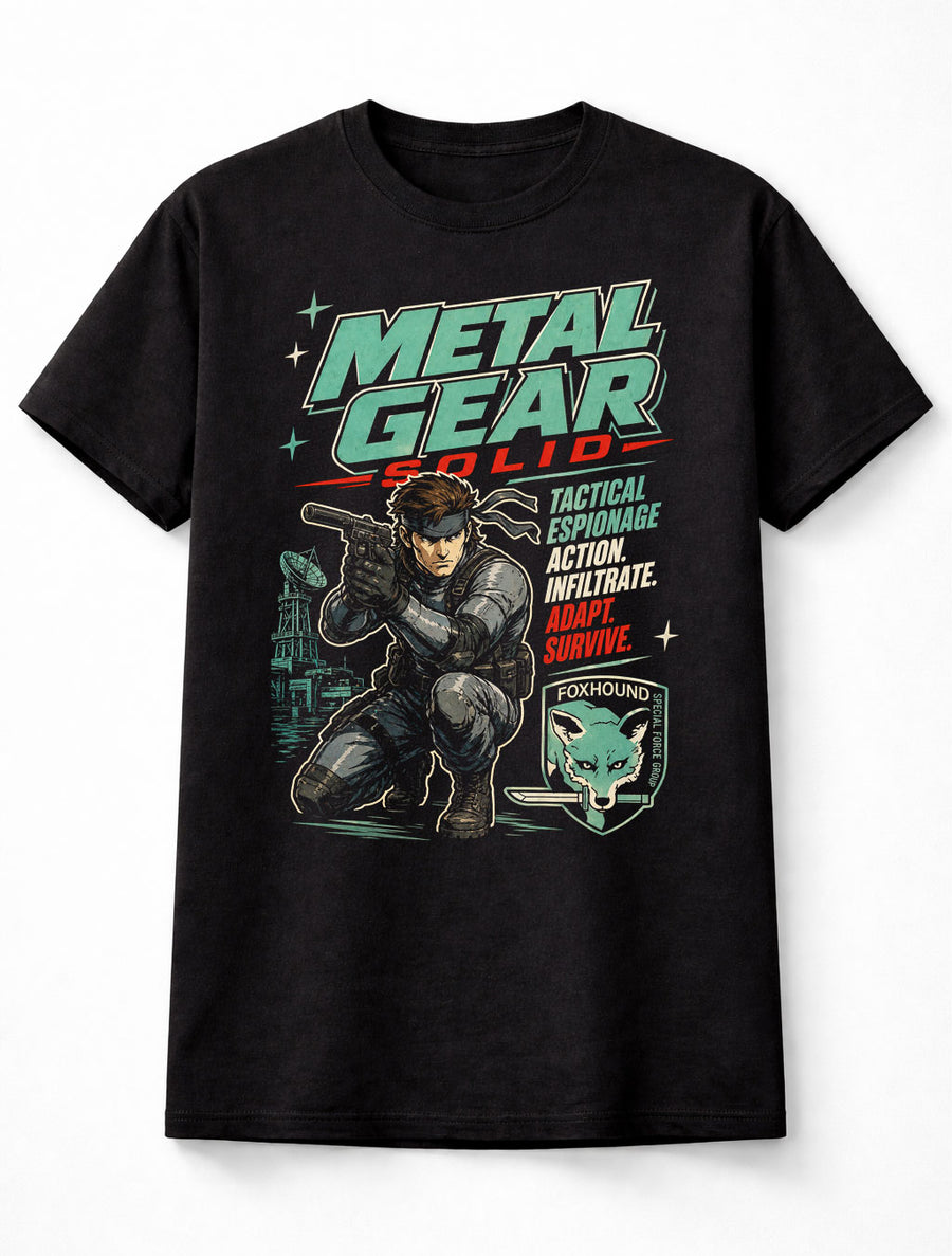 Metal Gear Solid T-Shirt Solid Snake Foxhound Stealth Action Graphic Tee Tactical Espionage Game Character Shirt PlayStation Classic Adults & Kids Unisex T-Shirt