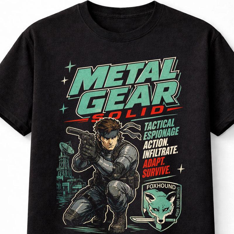 Metal Gear Solid T-Shirt Solid Snake Foxhound Stealth Action Graphic Tee Tactical Espionage Game Character Shirt PlayStation Classic Adults & Kids Unisex T-Shirt