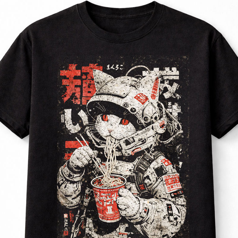 Space Cat Noodle Japanese Cyberpunk Y2K Retro Techwear Manga Anime Adults & Kids Unisex T-Shirt