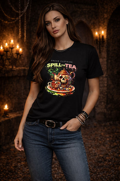 Spill the Tea Skull T-Shirt Toxic Gothic Horror Tea Party Alt Unisex Graphic