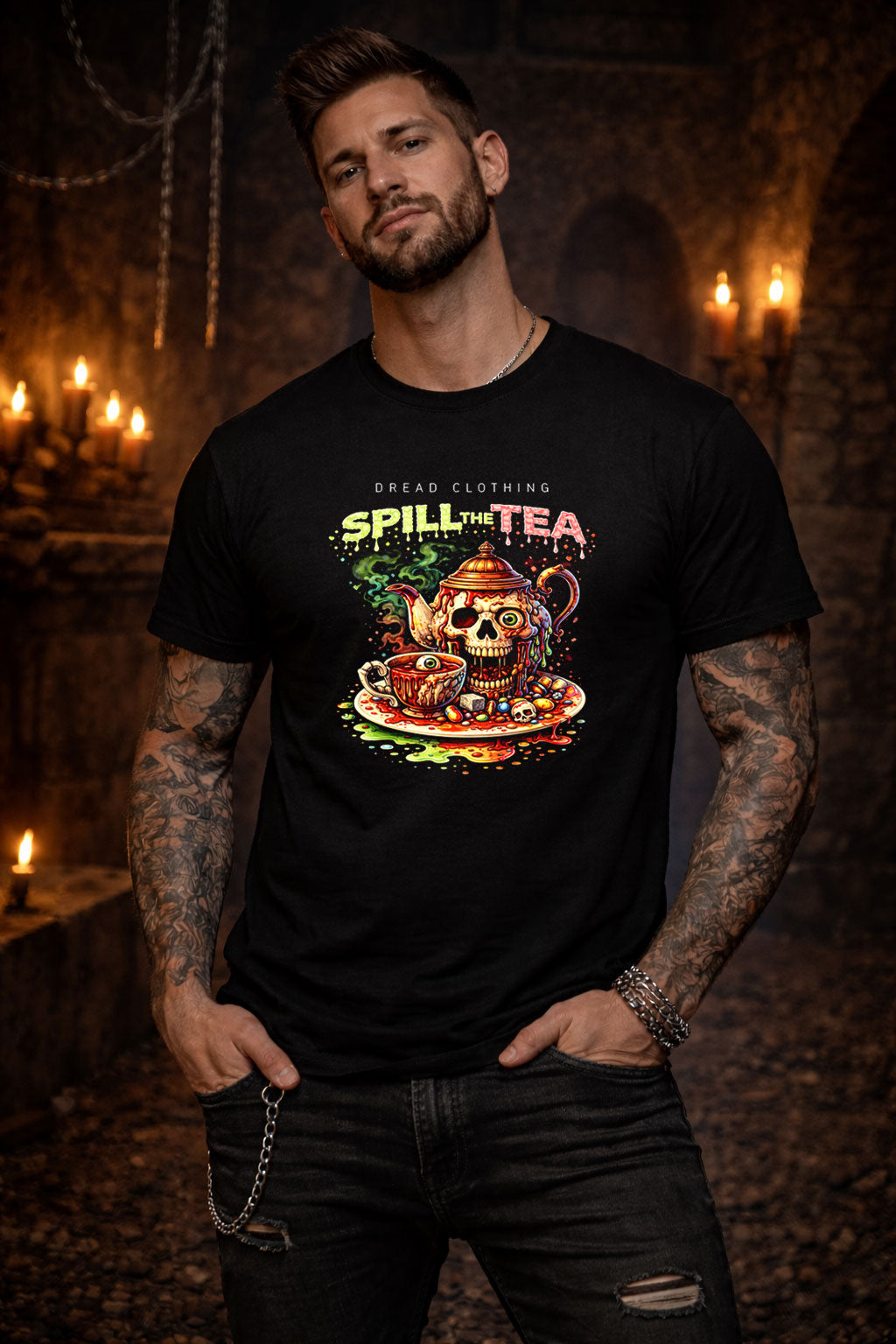 Spill the Tea Skull T-Shirt Toxic Gothic Horror Tea Party Alt Unisex Graphic