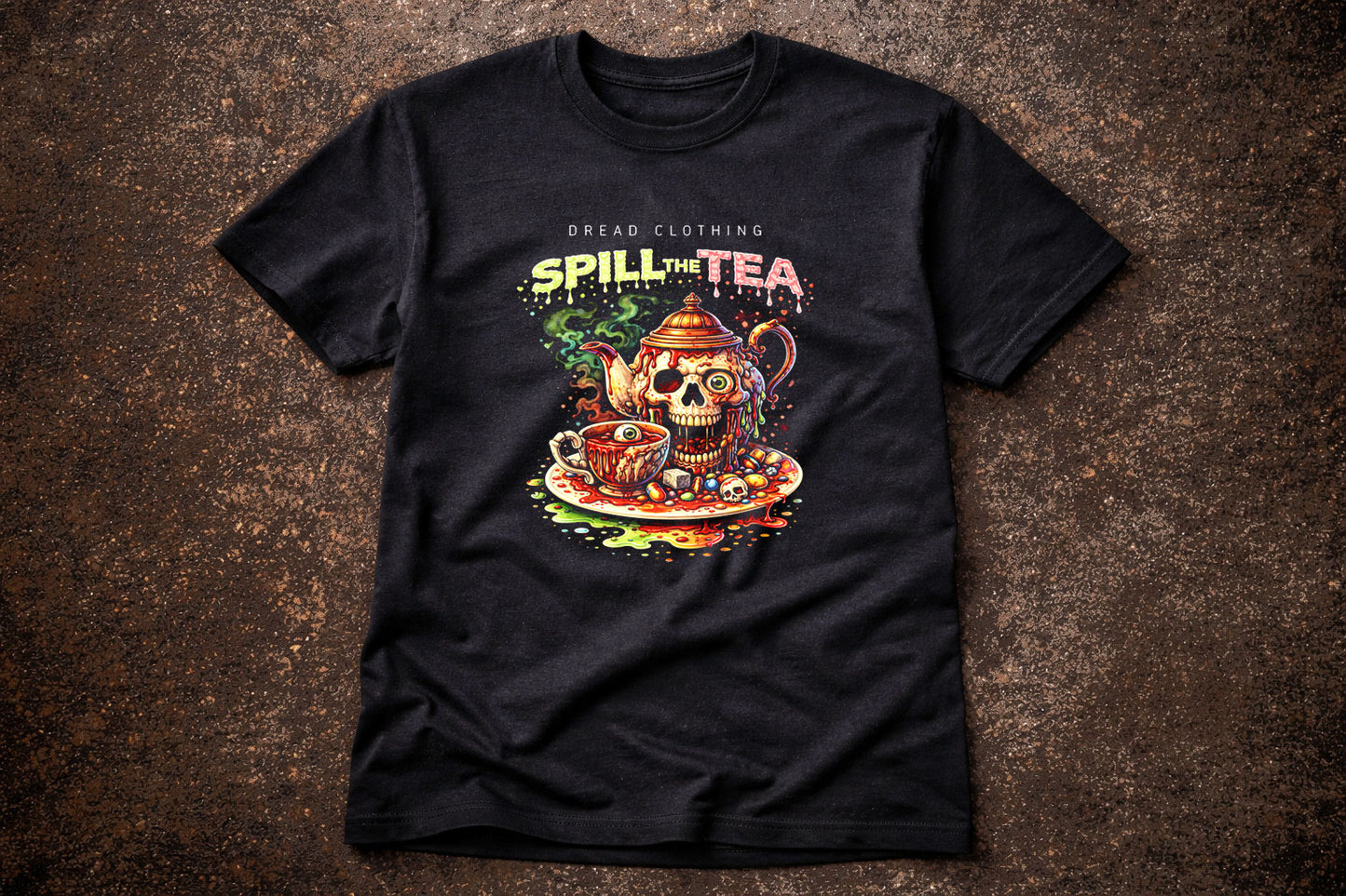 Spill the Tea Skull T-Shirt Toxic Gothic Horror Tea Party Alt Unisex Graphic