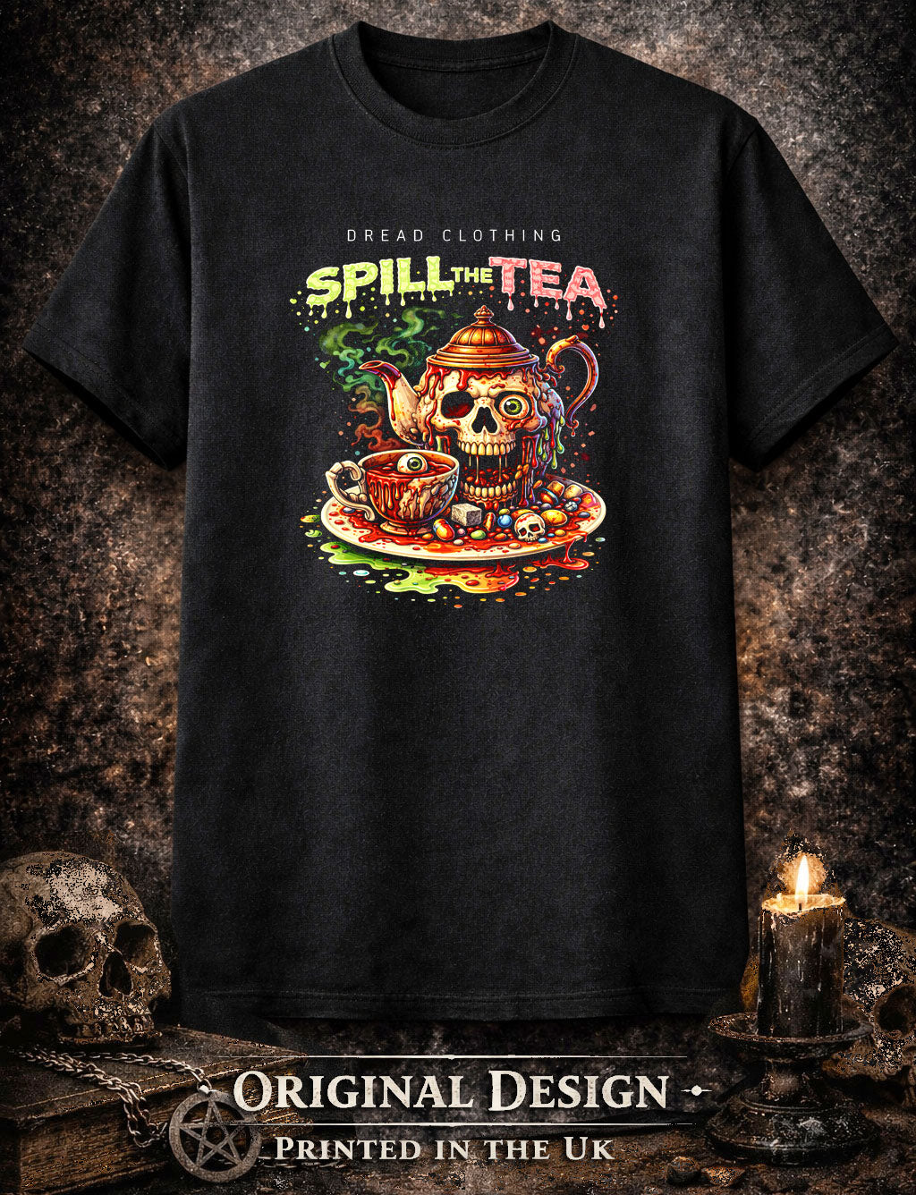 Spill the Tea Skull T-Shirt Toxic Gothic Horror Tea Party Alt Unisex Graphic