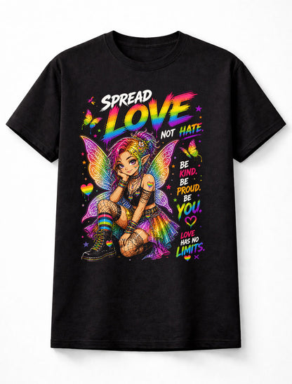 LGBTQ PRIDE Spread Love Not Hate Rainbow Fairy Graphic Unisex T-Shirt