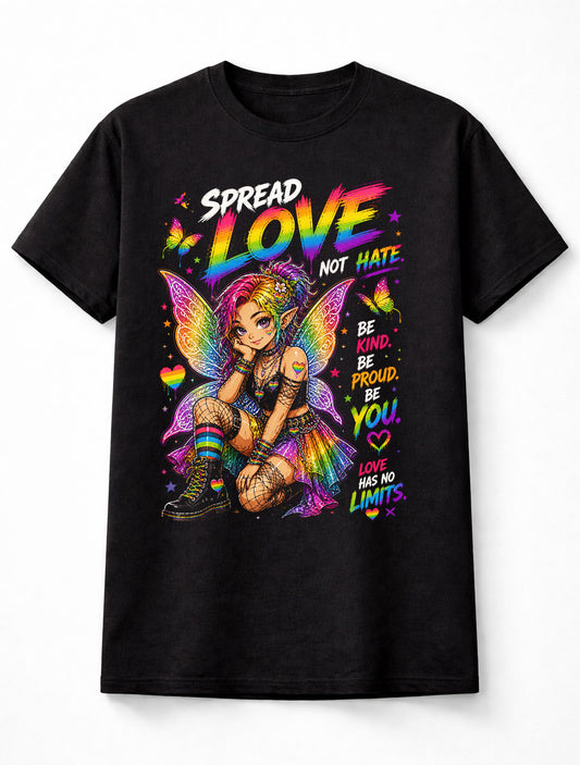 LGBTQ PRIDE Spread Love Not Hate Rainbow Fairy Graphic Unisex T-Shirt