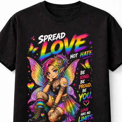LGBTQ PRIDE Spread Love Not Hate Rainbow Fairy Graphic Unisex T-Shirt