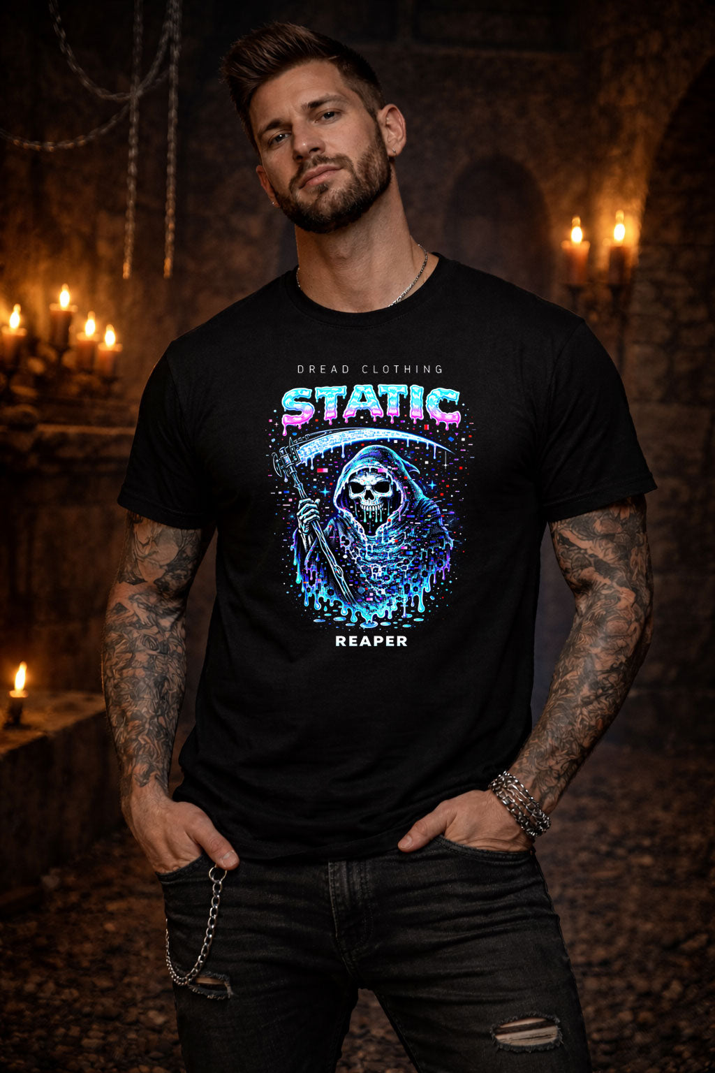 Static Grim Reaper Unisex Toxic Gothic Glitch Horror Graphic T-Shirt