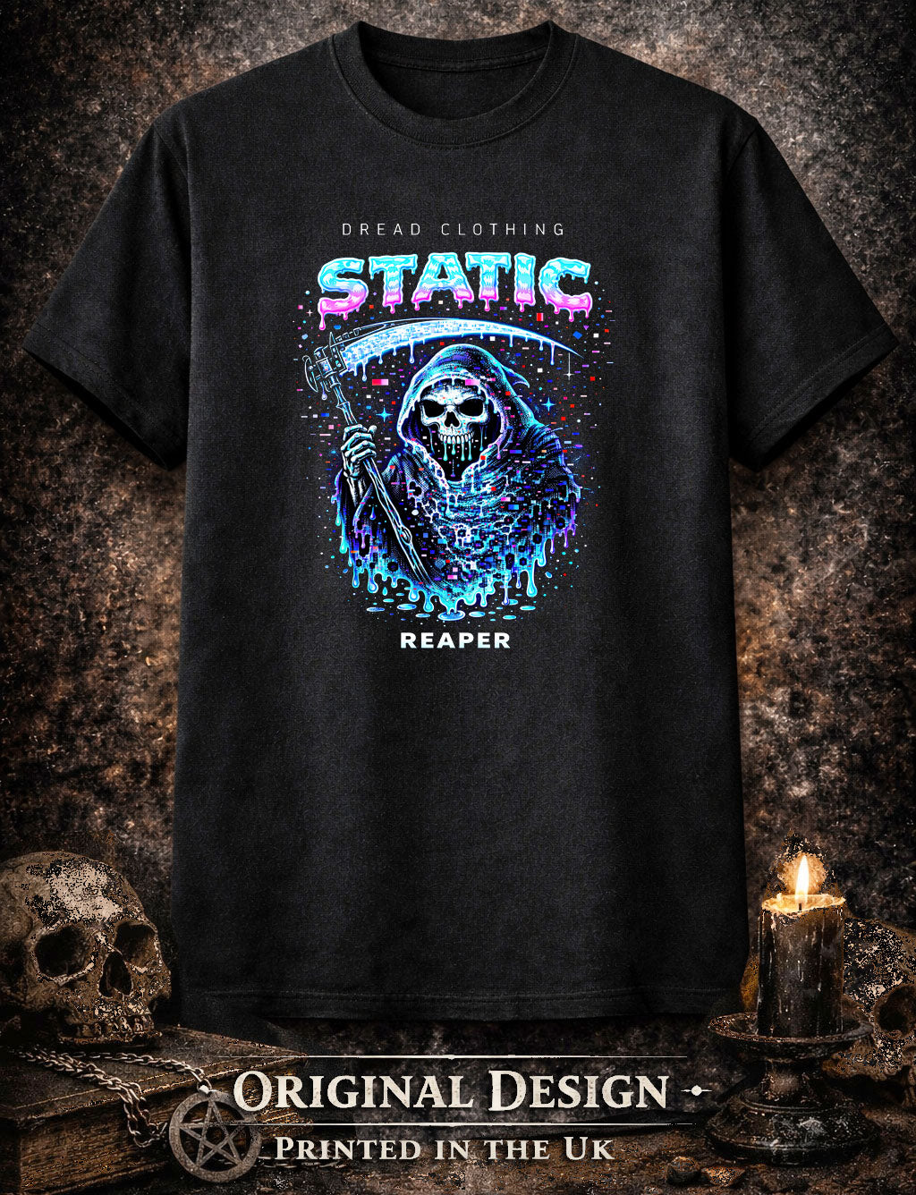 Static Grim Reaper Unisex Toxic Gothic Glitch Horror Graphic T-Shirt