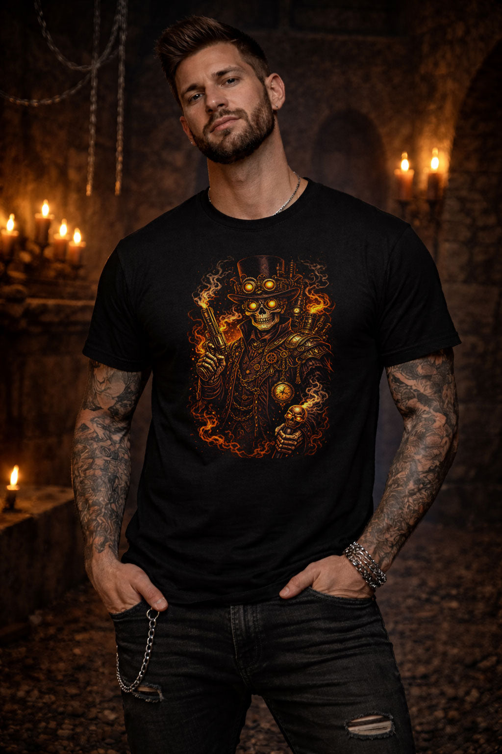 Steampunk Skull Gunslinger T Shirt Skeleton Bounty Hunter Gothic Steam Punk Tee