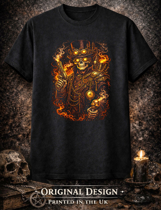 Steampunk Skull Gunslinger T Shirt Skeleton Bounty Hunter Gothic Steam Punk Tee