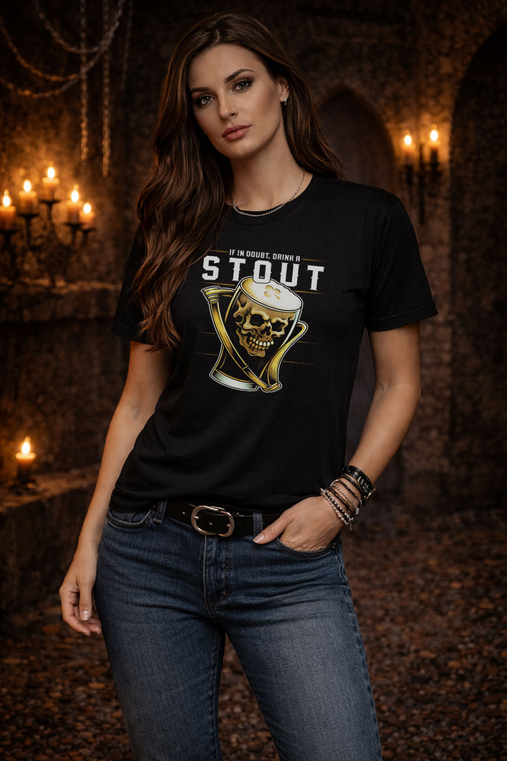 If In Doubt Drink a Stout T Shirt Skull Beer Guinness Graphic Funny Dark Ale Tee