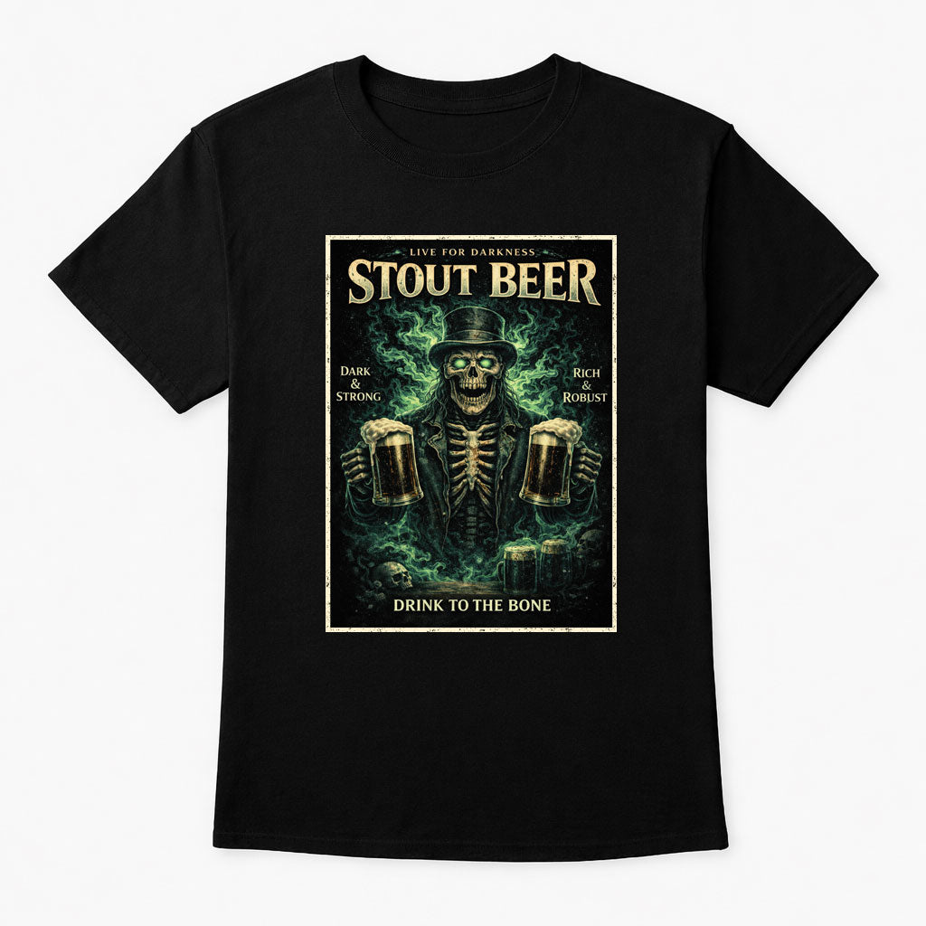 Stout Beer Skeleton T Shirt Dark Ale Unisex Gothic Horror Pub Tee