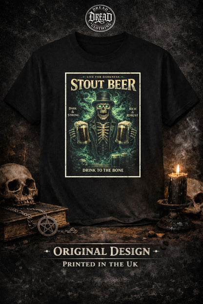 Stout Beer Skeleton T Shirt Dark Ale Unisex Gothic Horror Pub Tee