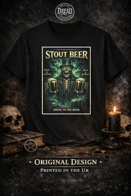 Stout Beer Skeleton T Shirt Dark Ale Unisex Gothic Horror Pub Tee
