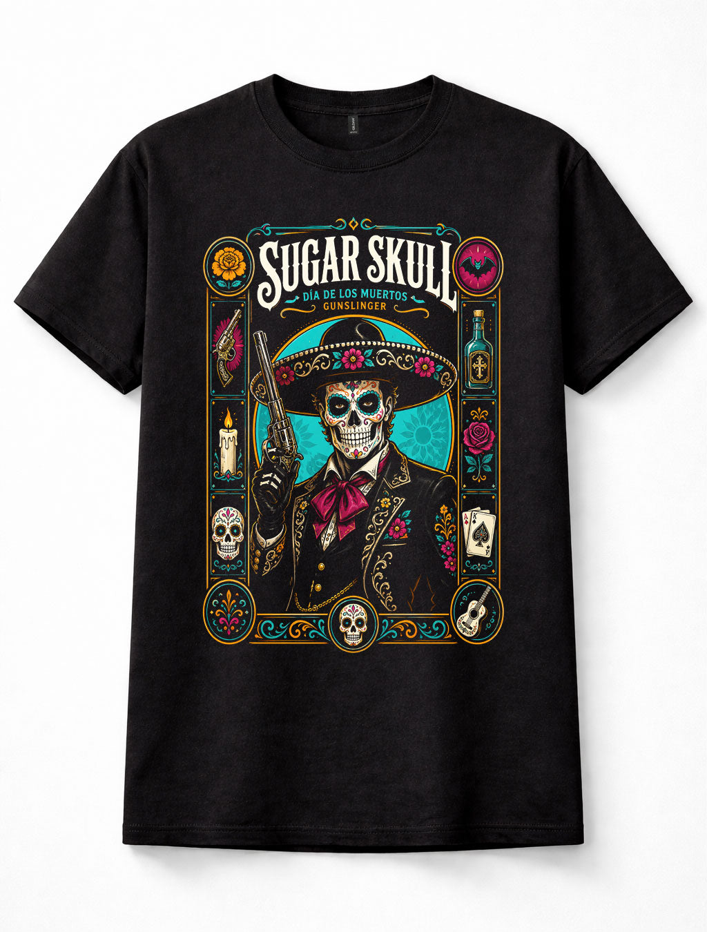 Sugar Skull Gunslinger Cowboy Day Of The Dead Mexican Western Unisex T-Shirt