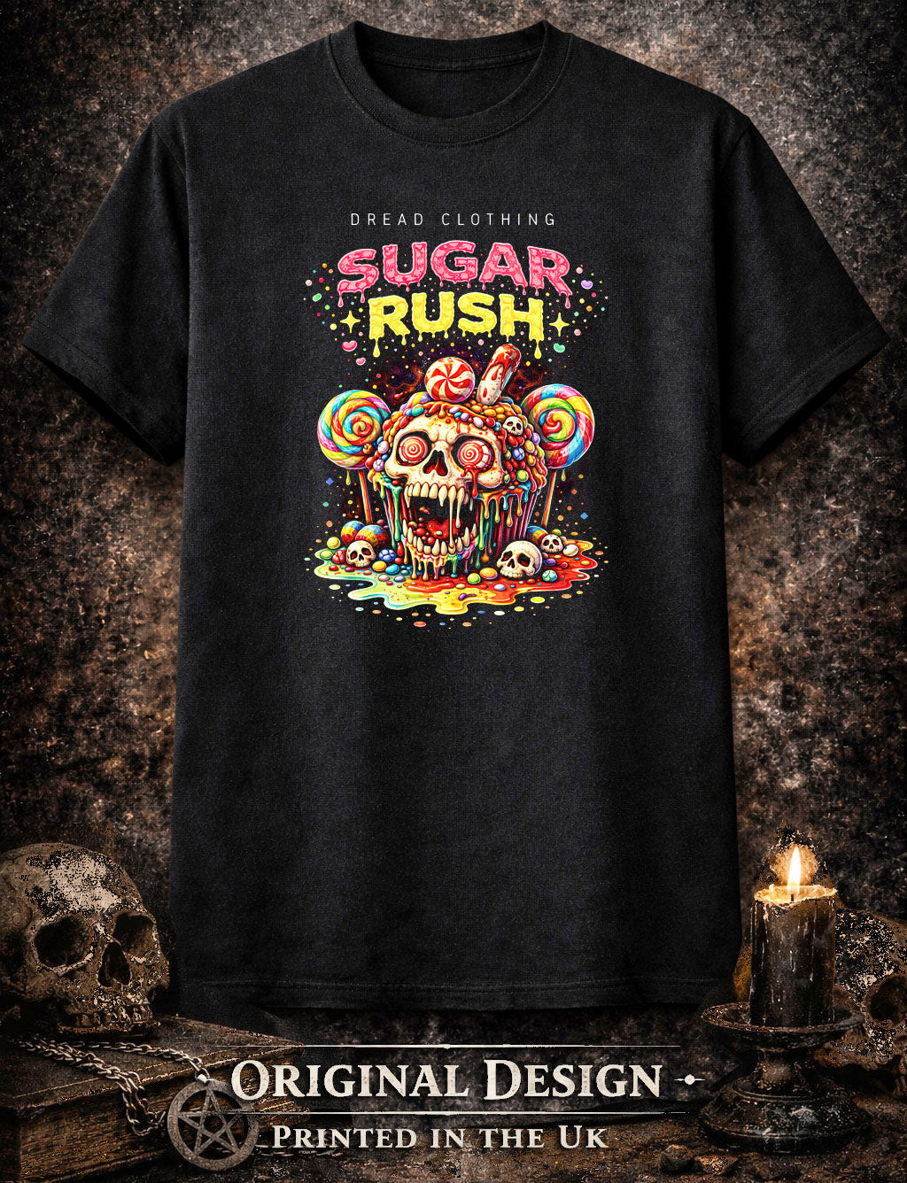Sugar Rush Skull Unisex Toxic Gothic T-Shirt Horror Candy Dark Alt Tee