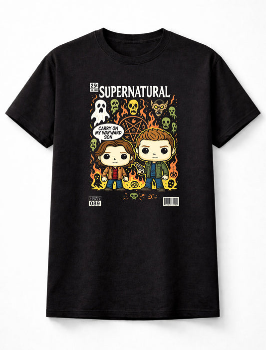 Supernatural Winchester Brothers Carry On Wayward Son Chibi Unisex Black Graphic Tee