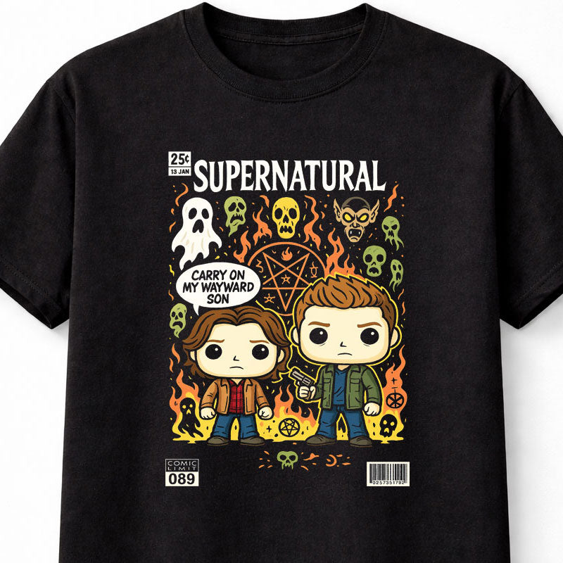 Supernatural Winchester Brothers Carry On Wayward Son Chibi Unisex Black Graphic Tee