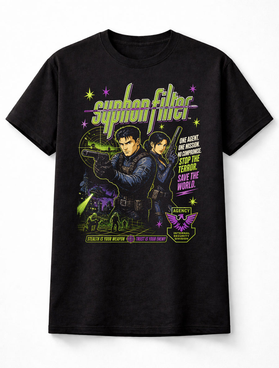Syphon Filter T-Shirt Retro Gaming Graphic Tee PlayStation Stealth Shooter Game Character Shirt Gabe Logan Action Espionage Game Adults & Kids Unisex T-Shirt