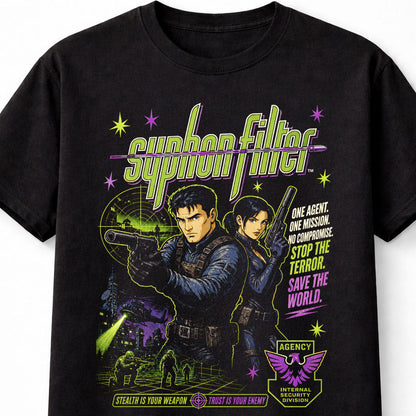 Syphon Filter T-Shirt Retro Gaming Graphic Tee PlayStation Stealth Shooter Game Character Shirt Gabe Logan Action Espionage Game Adults & Kids Unisex T-Shirt
