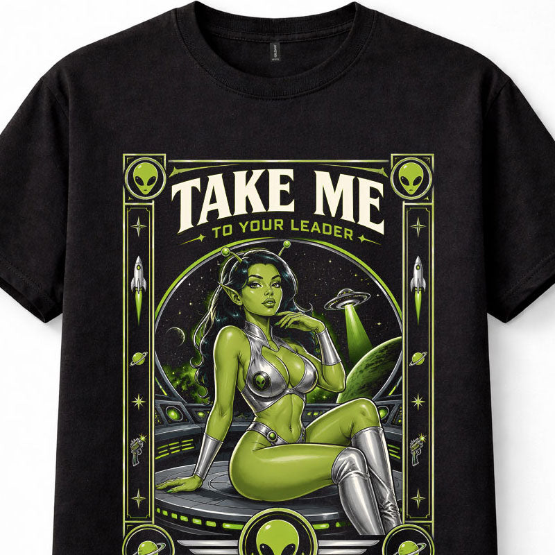 Take Me To Your Leader Alien Girl UFO Space Sci-Fi Graphic Black Unisex T-Shirt