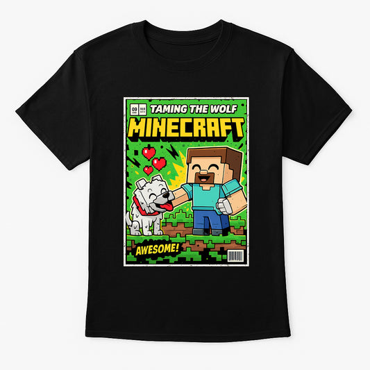 Steve “Taming the Wolf” Unisex T-Shirt – Retro Minecraft Steve & Wolf Graphic Tee