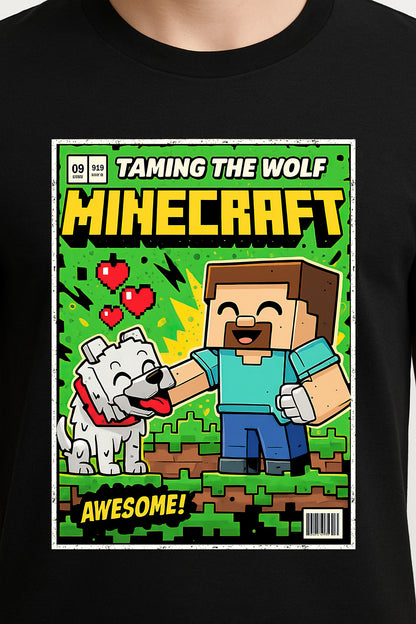 Steve “Taming the Wolf” Unisex T-Shirt – Retro Minecraft Steve & Wolf Graphic Tee