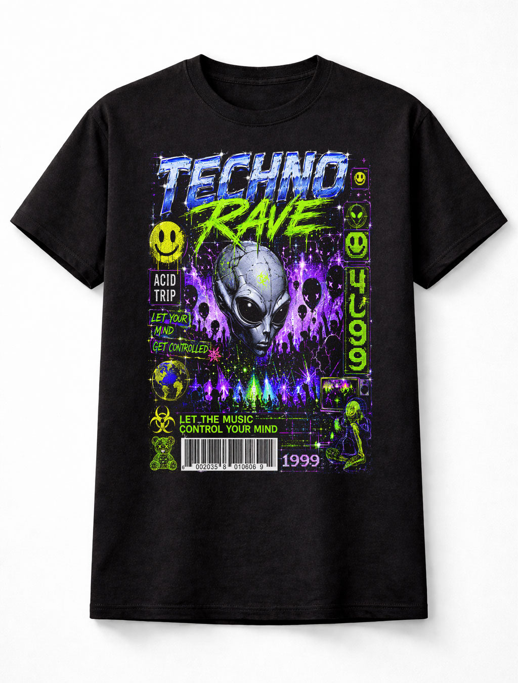 Techno Rave Alien Cyber Y2K Festival Graphic Unisex T-Shirt