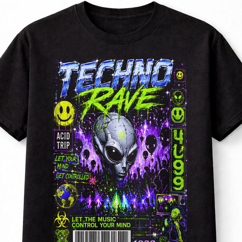 Techno Rave Alien Cyber Y2K Festival Graphic Unisex T-Shirt