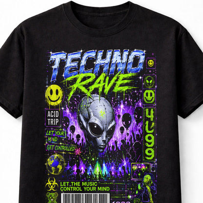 Techno Rave Alien Cyber Y2K Festival Graphic Unisex T-Shirt