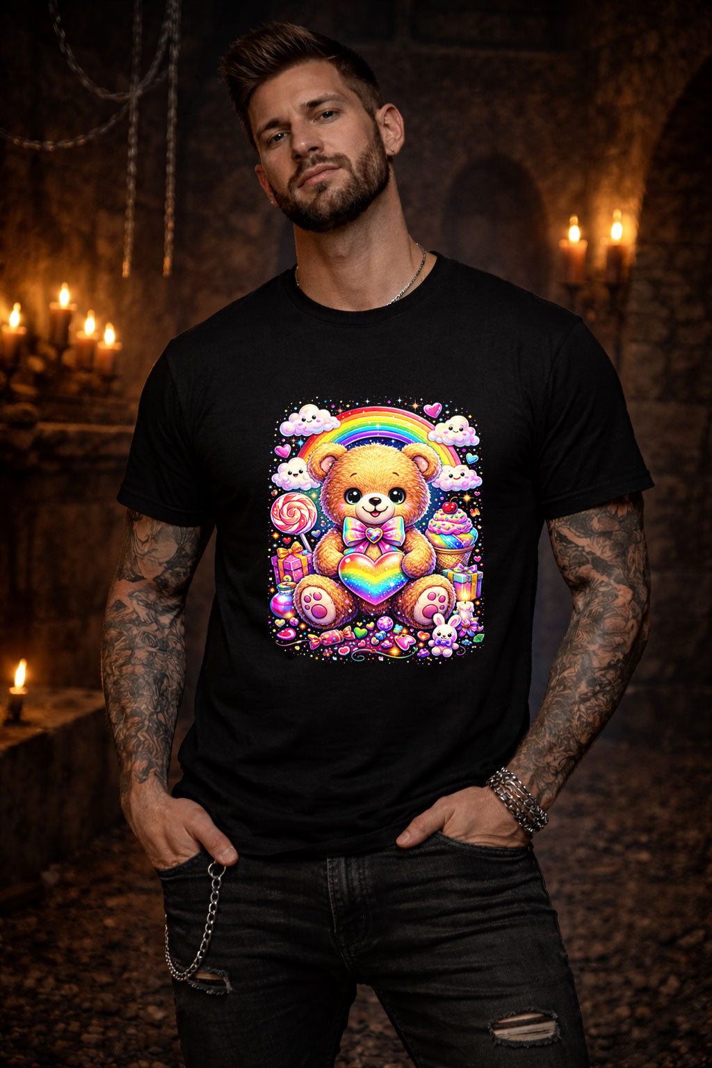 Cute Teddy Bear Rainbow Art Psychedelic Trippy Gothic Unisex Graphic T-Shirt