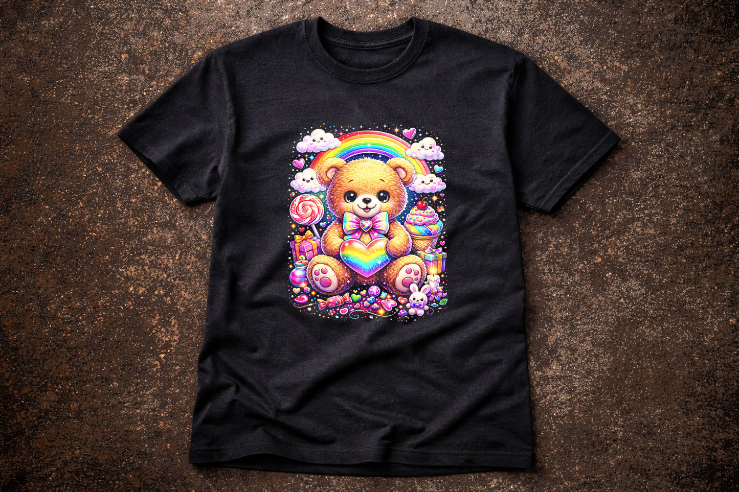 Cute Teddy Bear Rainbow Art Psychedelic Trippy Gothic Unisex Graphic T-Shirt