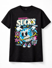 This Place Sucks Funny Earth Globe Sarcastic Cartoon Retro Pop Unisex T-Shirt