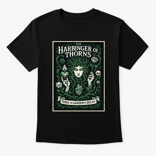 Harbinger of Thorns unisex t-shirt featuring gothic woman entwined with vines, roses, and skulls, dark green design printed on black cotton tee