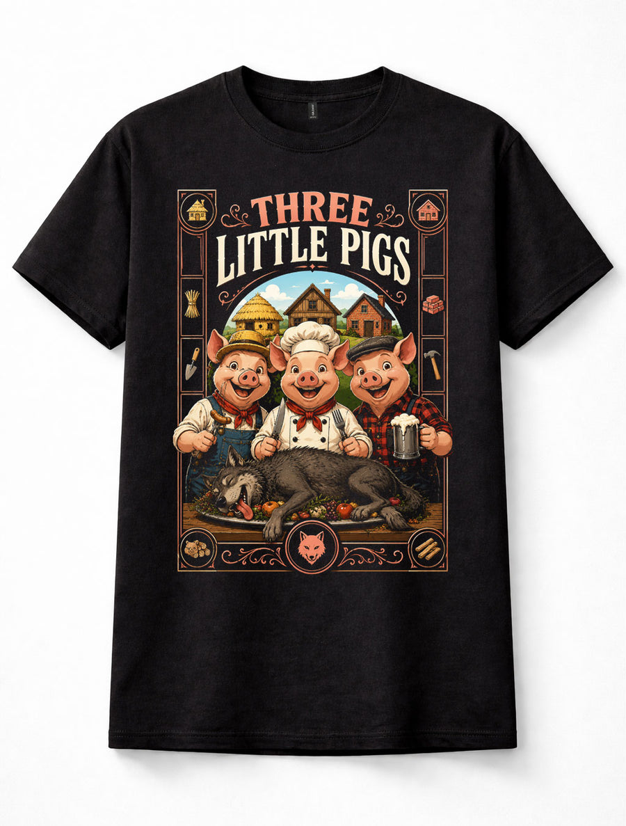 Three Little Pigs Big Bad Wolf Funny Fairy Tale Folklore Graphic Unisex T-Shirt