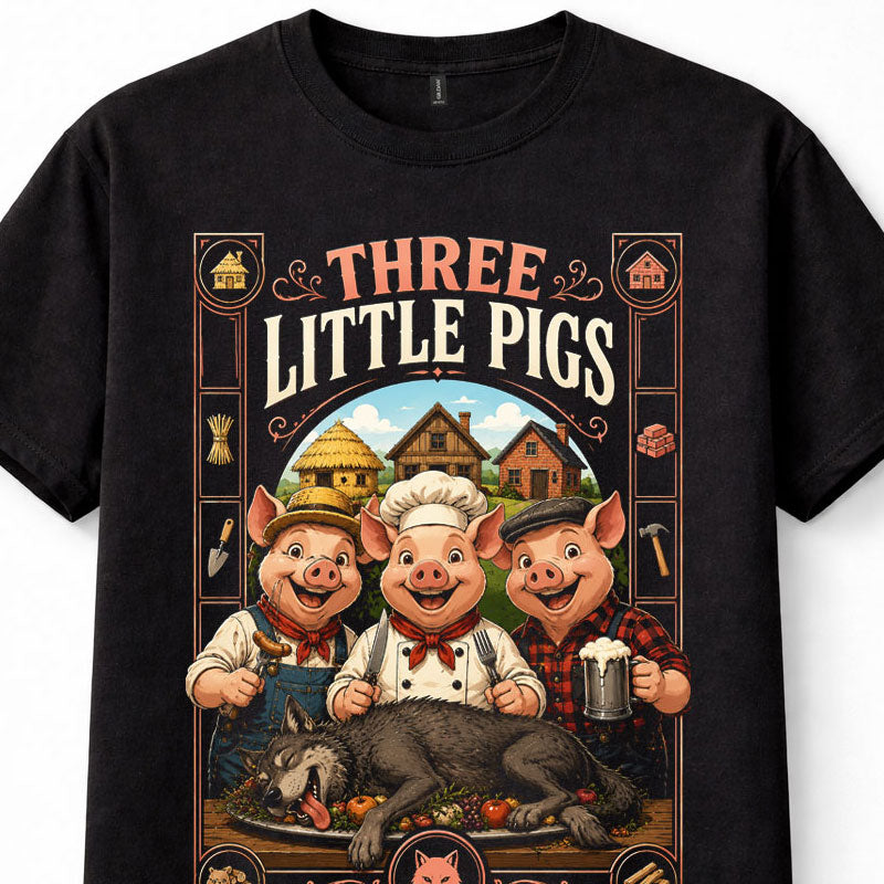 Three Little Pigs Big Bad Wolf Funny Fairy Tale Folklore Graphic Unisex T-Shirt