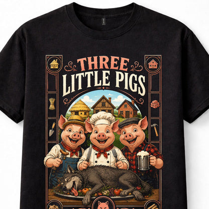 Three Little Pigs Big Bad Wolf Funny Fairy Tale Folklore Graphic Unisex T-Shirt