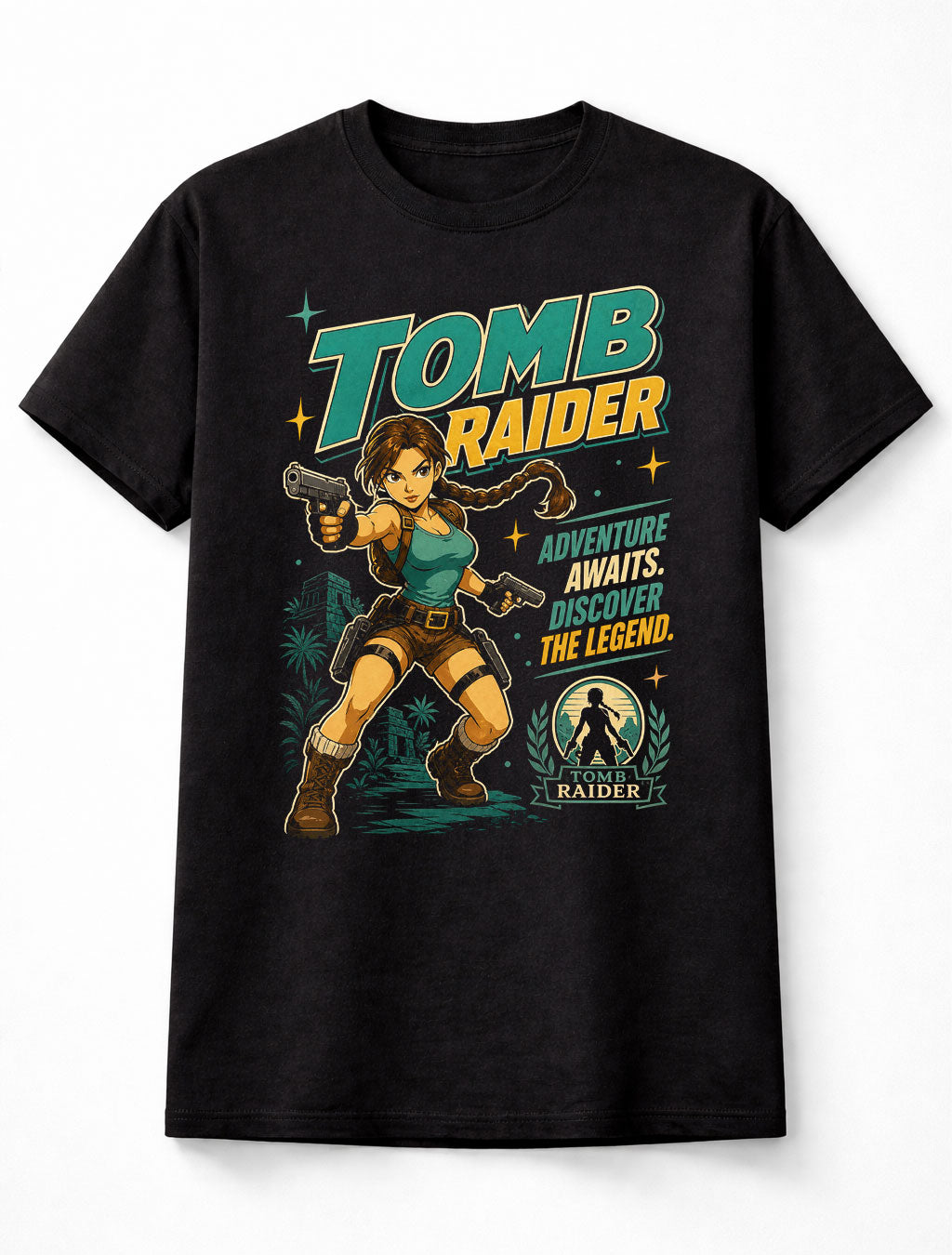 Tomb Raider T-Shirt Lara Croft Adventure Tee Retro Gaming Shirt Action Hero Graphic Tee Classic Video Game Shirt Tomb Explore Adults & Kids Unisex T-Shirt