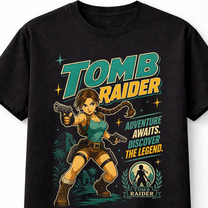Tomb Raider T-Shirt Lara Croft Adventure Tee Retro Gaming Shirt Action Hero Graphic Tee Classic Video Game Shirt Tomb Explore Adults & Kids Unisex T-Shirt