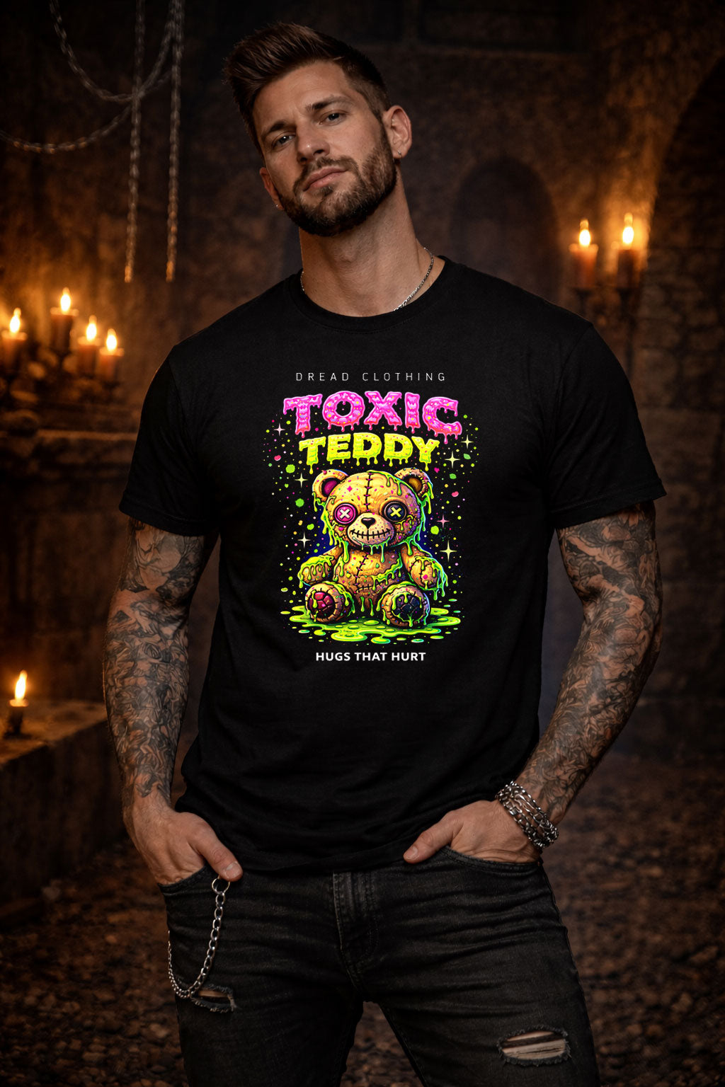 Toxic Teddy Hugs That Hurt Unisex Toxic Gothic Horror Plush Graphic T-Shirt