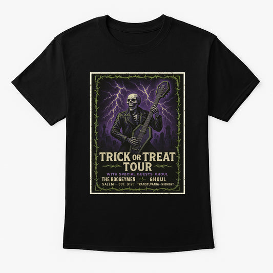 Trick or Treat Tour Unisex T-Shirt – Halloween Rock Show Skeleton Spooky Festival Tee