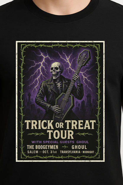 Trick or Treat Tour Unisex T-Shirt – Halloween Rock Show Skeleton Spooky Festival Tee