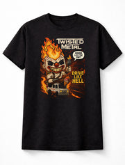 Twisted Metal Sweet Tooth T-Shirt – Drive Like Hell Flaming Clown Graphic Tee – Retro Gaming Unisex Black Shirt