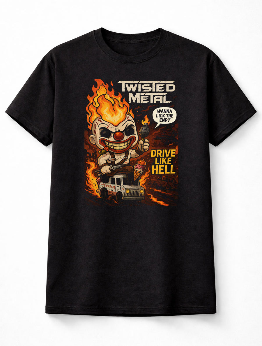 Twisted Metal Sweet Tooth T-Shirt – Drive Like Hell Flaming Clown Graphic Tee – Retro Gaming Unisex Black Shirt